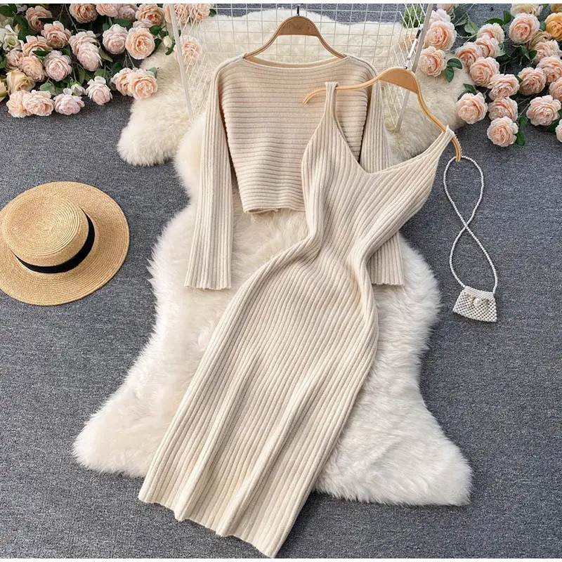 Women's Sweaters CCI Autumn Winter Women's Elegant Slim Two Piece Sets Female Pullover Sweater High Waist Knitted Party Dress WQ001S 231023
