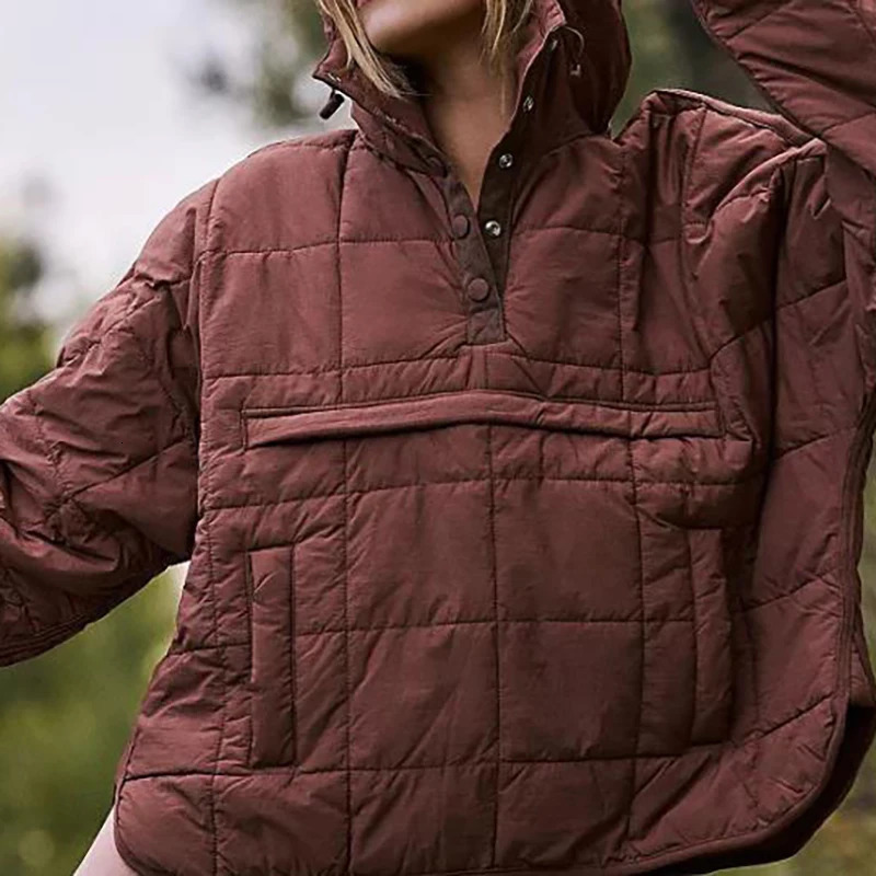 Womens Down Parkas Autumn Winter Solid Color Padded Jacket For Women Fashion Pockets Long Sleeves Hooded Pullovers Japanese And Korean Casual Coats 23