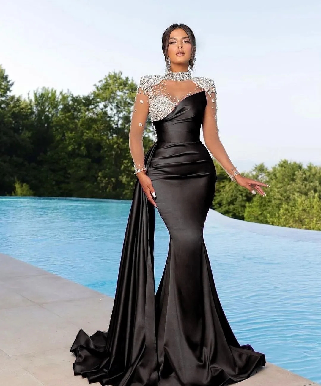 Purple Prom Formal Dress Women 2024 High Neck Crystal Beads Long Illusion Sleeves Draped Train Elegant Evening Party Gowns Vestidos De Gala
