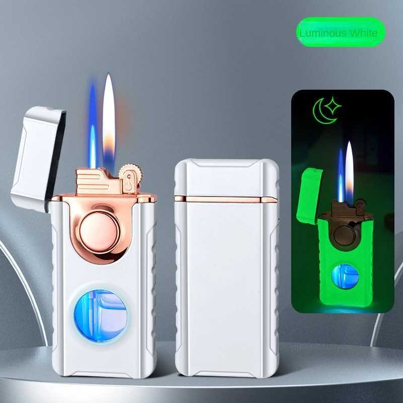 Lighters New Double Flame Straight TorchTurbo Bright Fire Butane Inflatable LED Light Gas Window Cigar Lighter Men's Tools Gift W260202