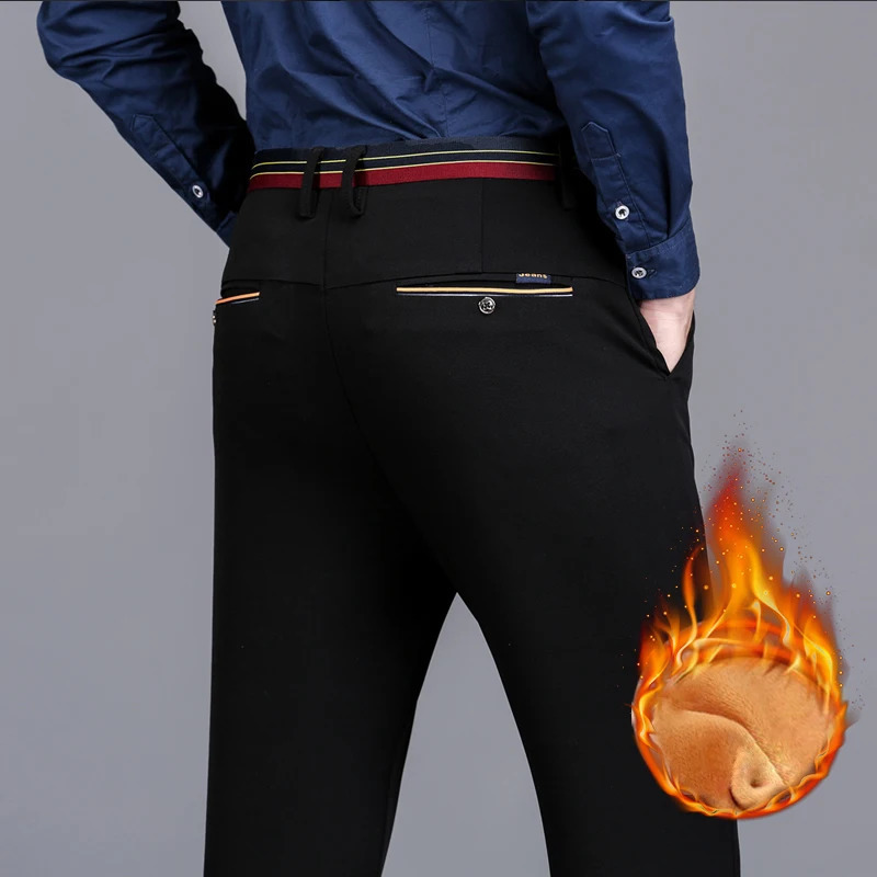 Mens Pants Winter Thickened Fleece Casual Warm Straight Tube Antiwrinkle Noniron Business Solid Color Suit Trousers Male 231024
