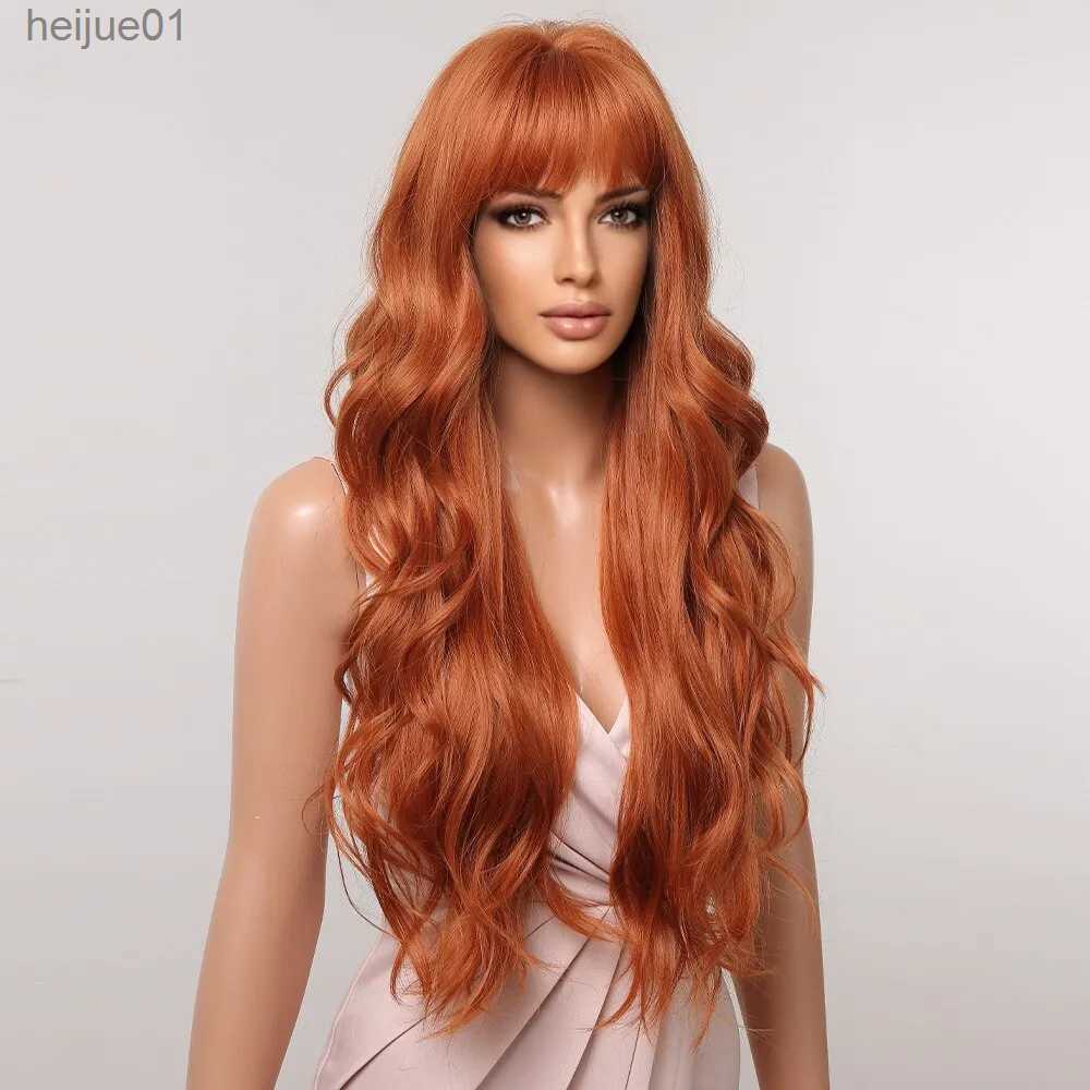 Synthetic Wigs Ginger Curly Synthetic Wigs for Women Long Natural Wavy Orange Wigs with Flat Bangs Colorful Party Heat Resistant WigL231024