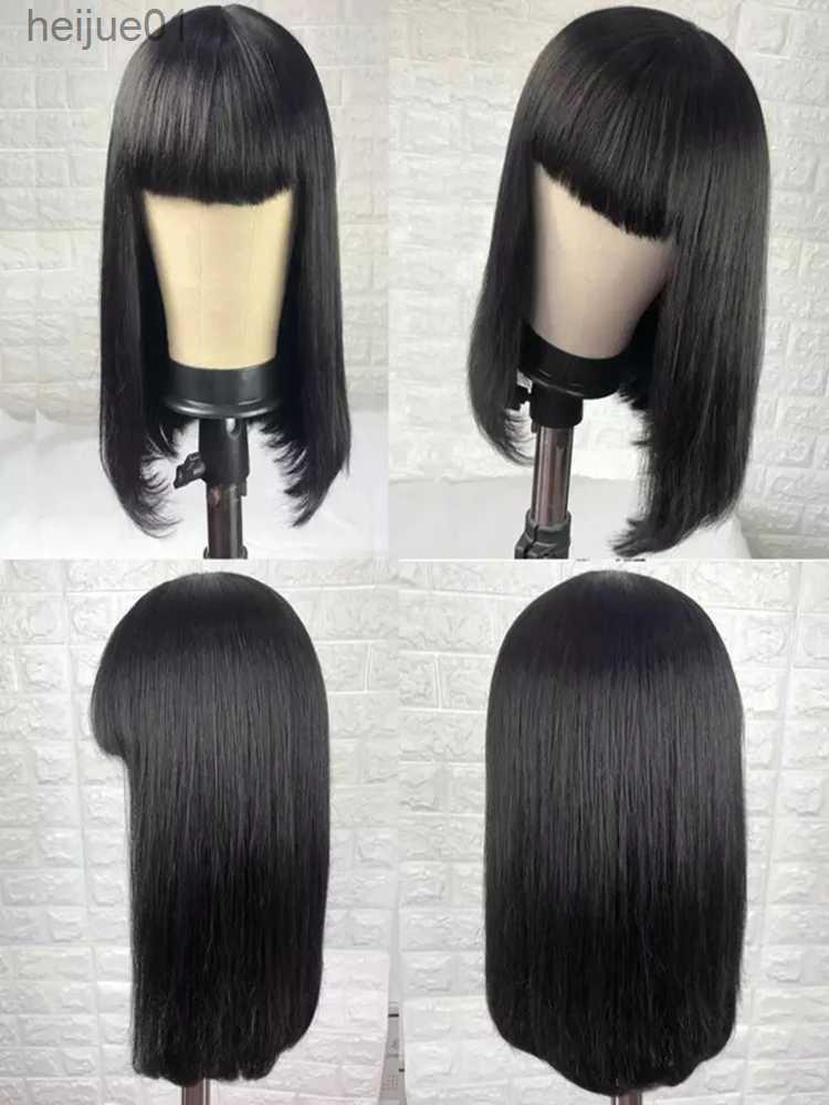 Synthetic Wigs 100% Human Hair Wig With Bangs Short Bob Human Hair Wigs For Black Women Cheap Brazilian Straight Black 30 Inch Long Fringe WigL231024