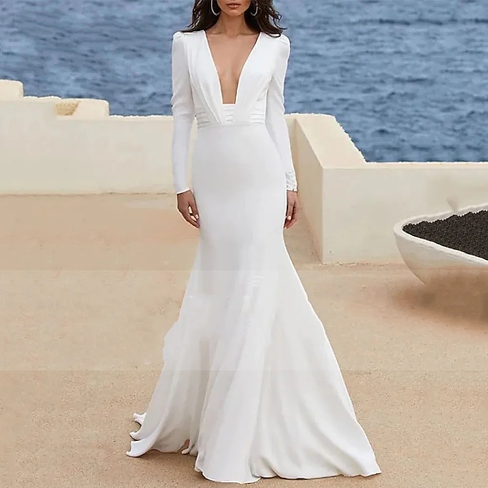 White Wedding Dresses Mermaid Long Sleeves Sexy Deep V-Neck Soft Satin Backless Buttons 2024 Elegant Bride Gown Robe De Mariage