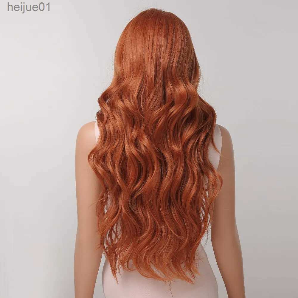 Synthetic Wigs Ginger Curly Synthetic Wigs for Women Long Natural Wavy Orange Wigs with Flat Bangs Colorful Party Heat Resistant WigL231024