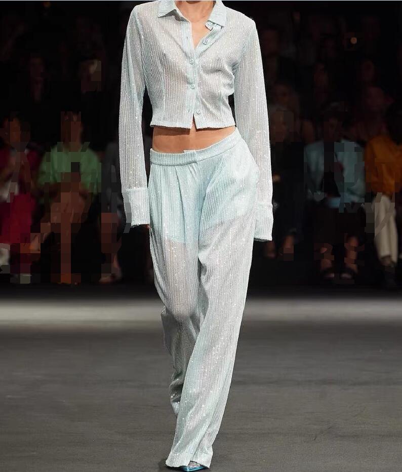 Lingshan Sa-Qu-n design sense, niche, slightly transparent, short blue sequin wide leg pants, women's summer new style