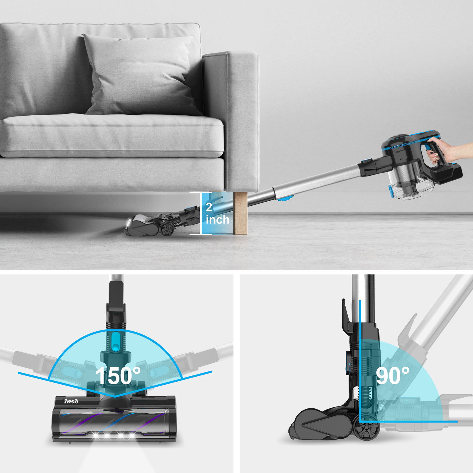 INSE Cordless Vacuum Cleaner, 6-in-1 Rechargeable Stick Vacuum with 2200 m-A-h Battery, Powerful Lightweight Vacuum Cleaner, Up to 45 Mins Runtime for
