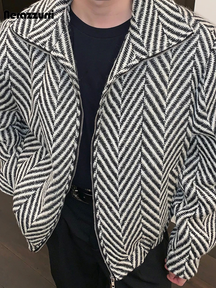 Men's Trench Coats Mauroicardi Autumn Winter Warm Colorful Black and White Plaid Woolen Jacket Coat Men Zip Up Clothes Loose Casual Korean Fashio