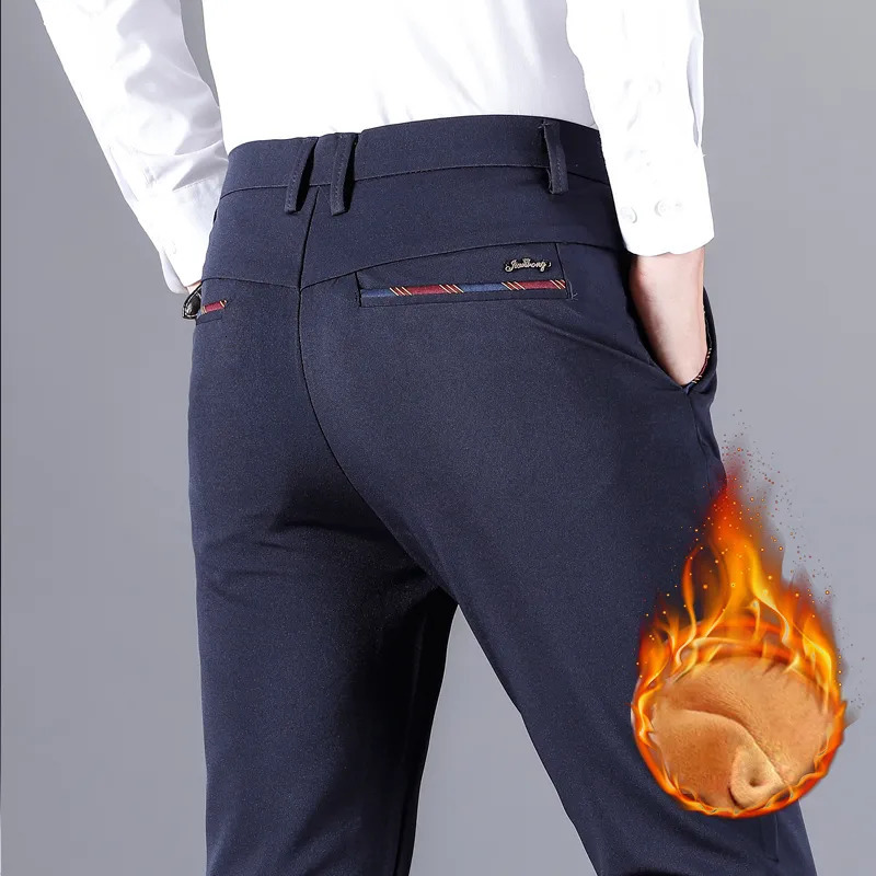 Mens Pants Winter Thickened Fleece Casual Warm Straight Tube Antiwrinkle Noniron Business Solid Color Suit Trousers Male 231024