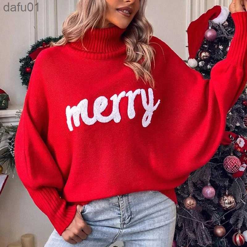 Women's Sweaters Fall Winter 2023 Sweater Women Holiday Red Merry Letters Loose Sweater Turtleneck Batwing Sleeve Pullover Tops Jumper 38916L2310
