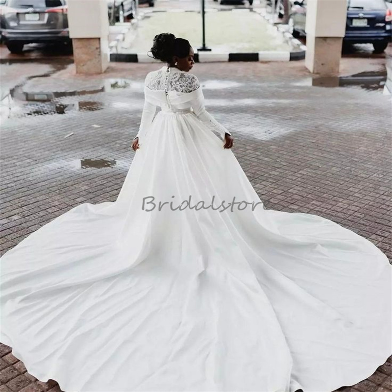Nigeria African White Wedding Dress With Removeable Skrit Muslimah Long Sleeve 2 in 1 Lace Bridal Gowns Convertibles Rustic Country Vestido De Noiva C