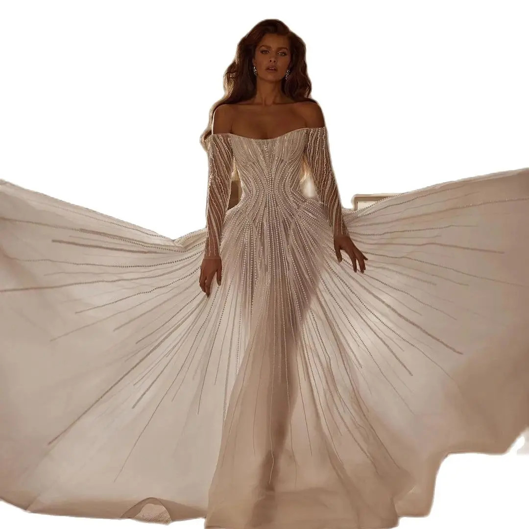 Illusion Off The Shoulder A e Wedding Dress or Length Pearls Saudi Arabic Full Sleeve Bridal Gown Custom Made