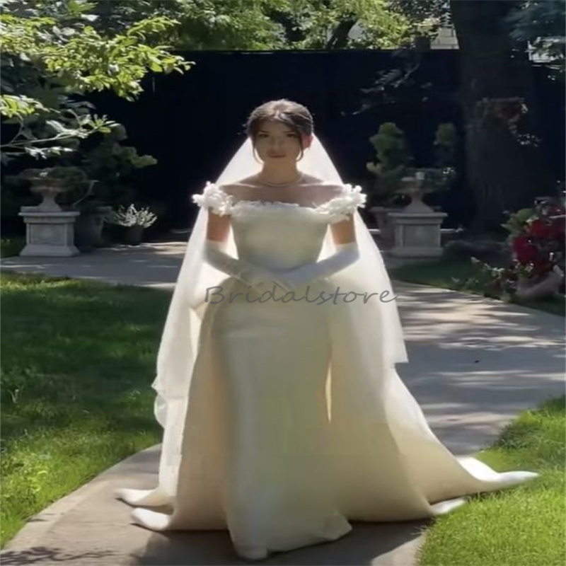 Dubai Mermaid Minimalist Wedding Dress With Detachable Train Fairytale Off Shoulder Civil Garden Bridal Dress 2024 Boho Flower Bride Vestido De Noiva 