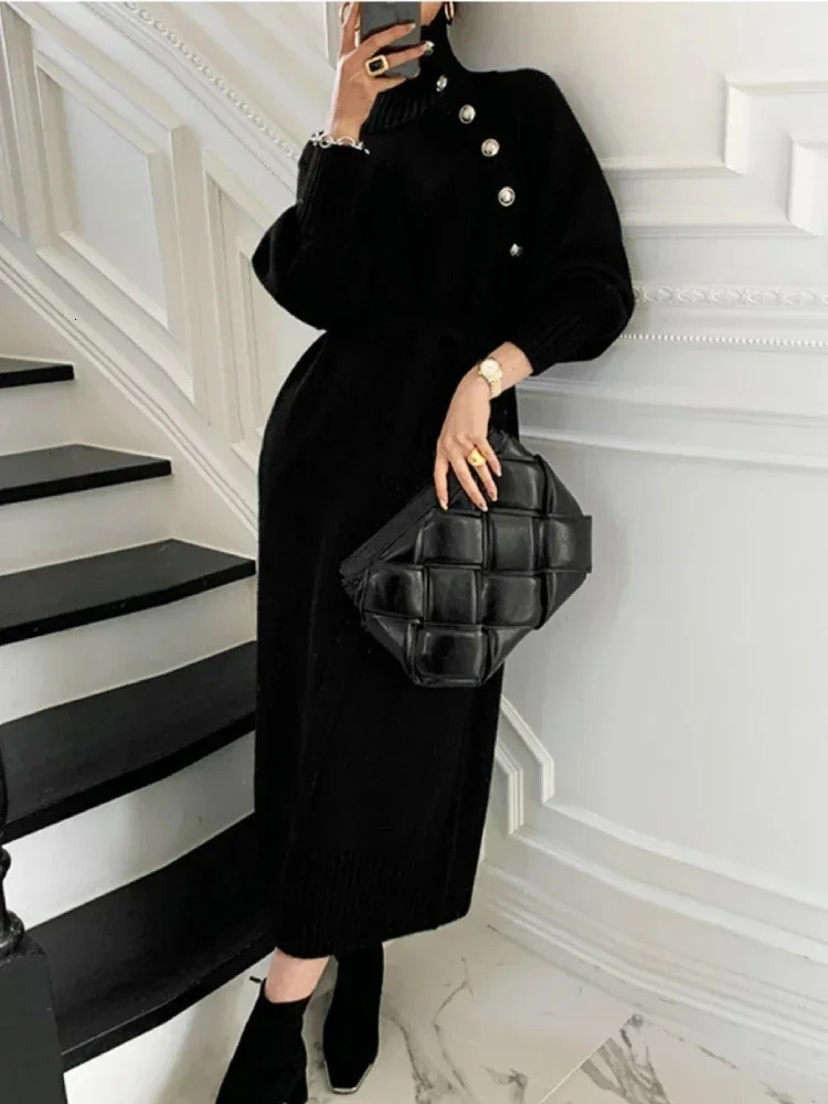 Basic Casual Dresses Vintage Turtleneck Buttons Woman Long Sleeve Sweater Winter Loose Knitwear Warm Women Knitted Dress 231024 - view 4