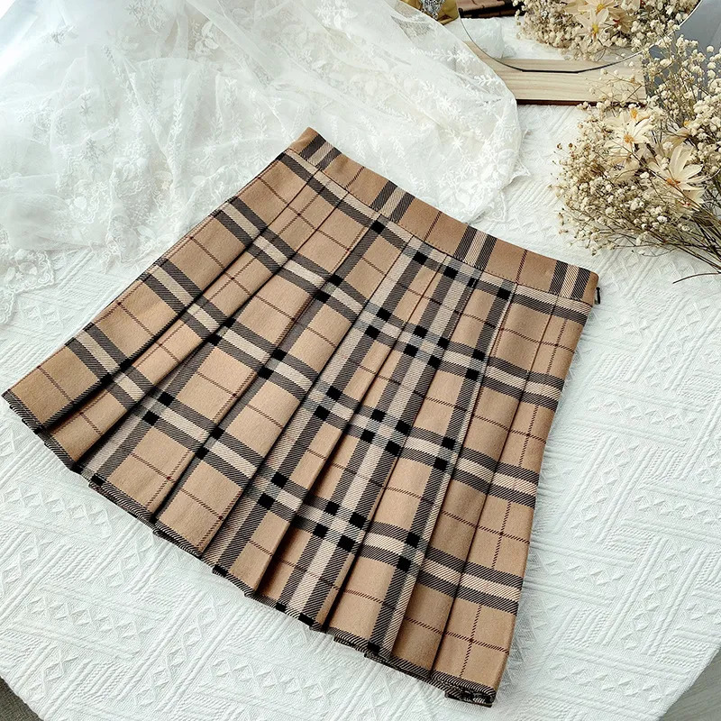 Skirts Contrast Color Plaid Striped Skirt Korean Version of Pleated Autumn High Waist A Line Mini Student Style Sweet 231023