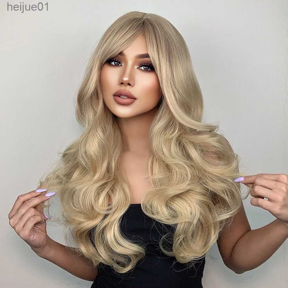 Synthetic Wigs Natural Blonde Yellow Long Wavy Synthetic Hair Wigs with Bangs Women Body Wave Afro Female Wigs Cosplay Daily HairL231024