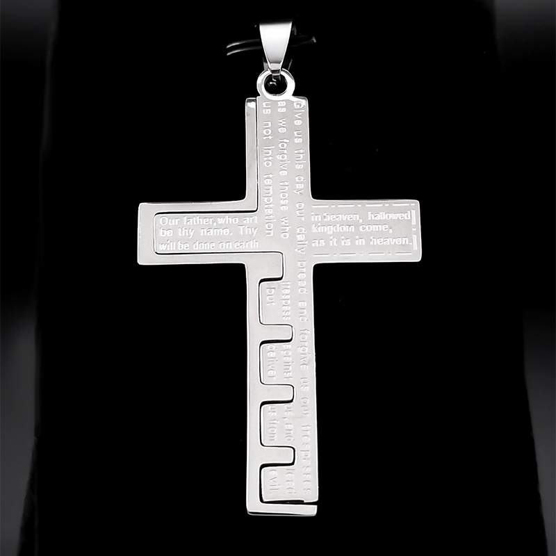 Retro Scriptural Prayer Cross Pendant Necklace 316L Stainless Steel 18K Gold Plated Men's Religion Jewelry