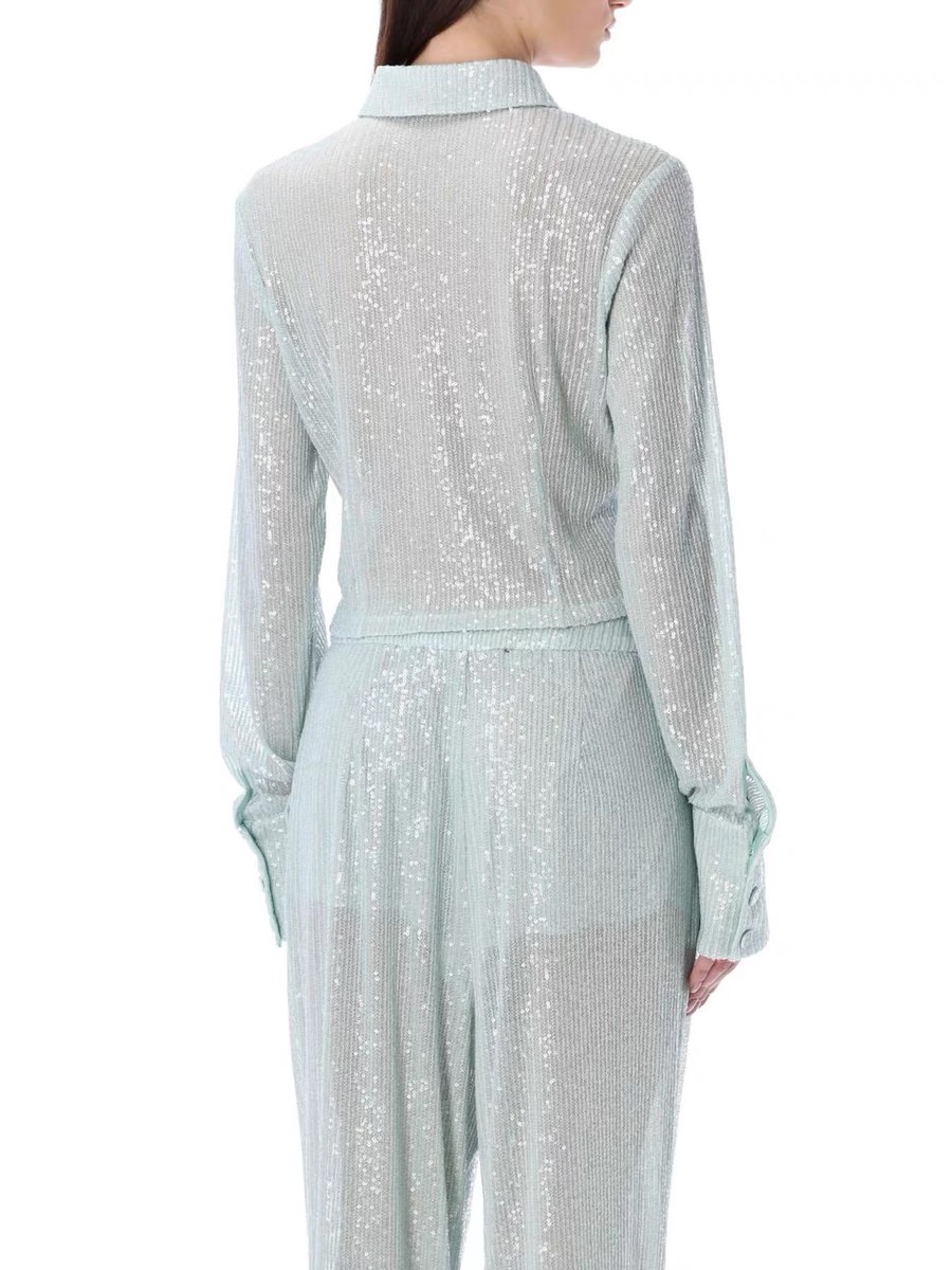 Lingshan Sa-Qu-n design sense, niche, slightly transparent, short blue sequin wide leg pants, women's summer new style