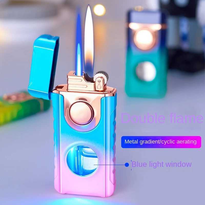 Lighters New Double Flame Straight TorchTurbo Bright Fire Butane Inflatable LED Light Gas Window Cigar Lighter Men's Tools Gift W260202