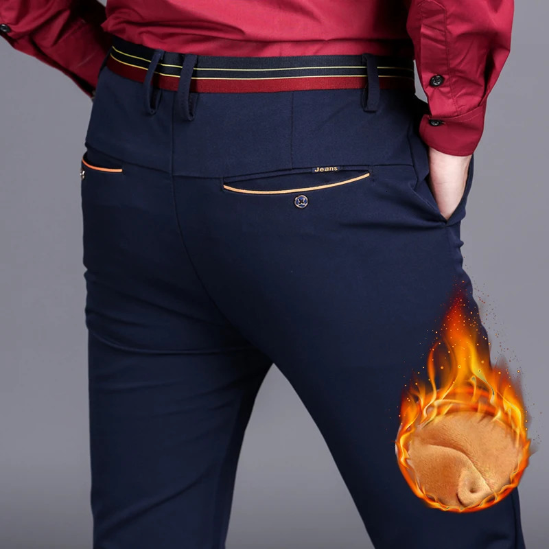 Mens Pants Winter Thickened Fleece Casual Warm Straight Tube Antiwrinkle Noniron Business Solid Color Suit Trousers Male 231024