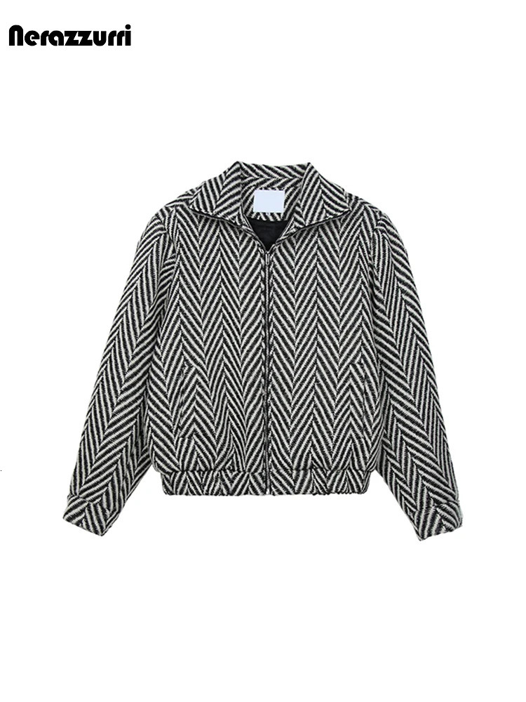 Men's Trench Coats Mauroicardi Autumn Winter Warm Colorful Black and White Plaid Woolen Jacket Coat Men Zip Up Clothes Loose Casual Korean Fashio