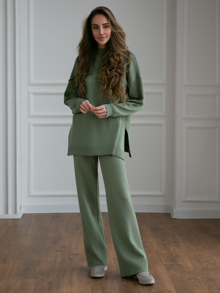 Solid Color Knitted High Neck Slit Sweater Casual Lazy 2-Piece Tracksuit Set