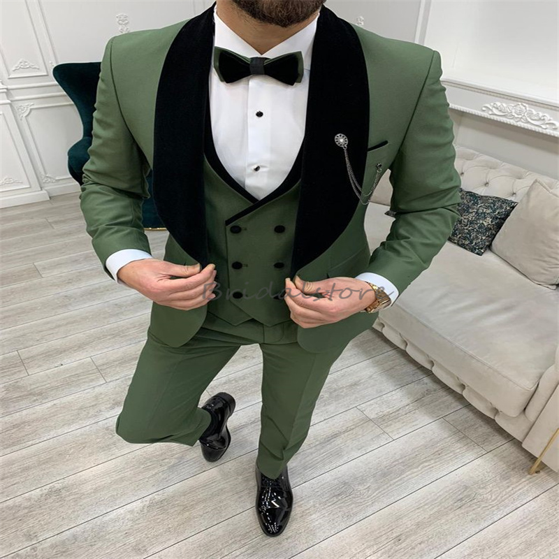 Olive Green With Black Wedding Tuxedos Shawl Lapel Three Pieces Masculino Blazer Slim Groombrides Waistcoat Fit Male Boutique Formal Prom Men Suits 20