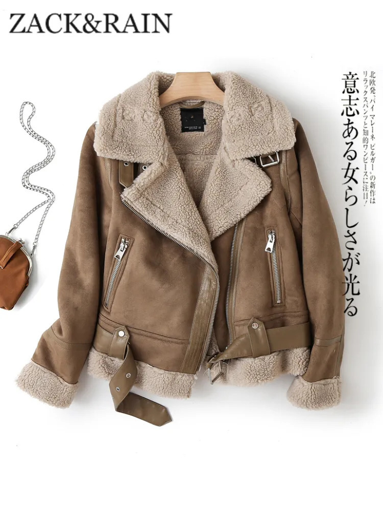 Womens Jackets ZACK RAIN Brown Jacket For Women Winter Vintage Fur Integrated Lapel Long Sleeves Female Outwears Chic 231024