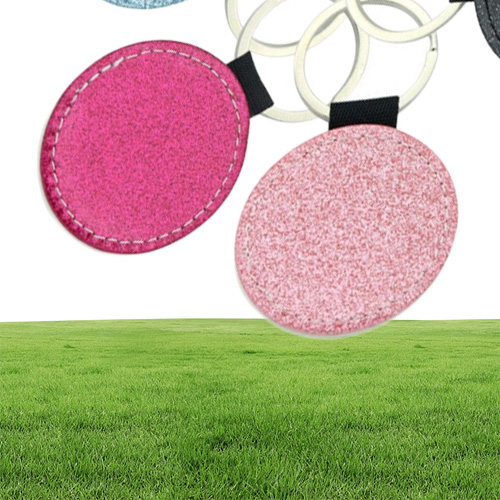 PU Leather Sublimation Keychain Home Blanks Heat Transfer Round Shape Glitter Backside Keyring DIY Gift1207667