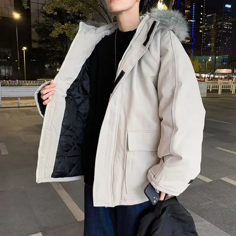 Men's Down Parkas 2023 Winter Thicken Oversized Men Streetwear Casual Fur Collar Cargo Jacket Mens Cotton Padded Warm Coats 231023