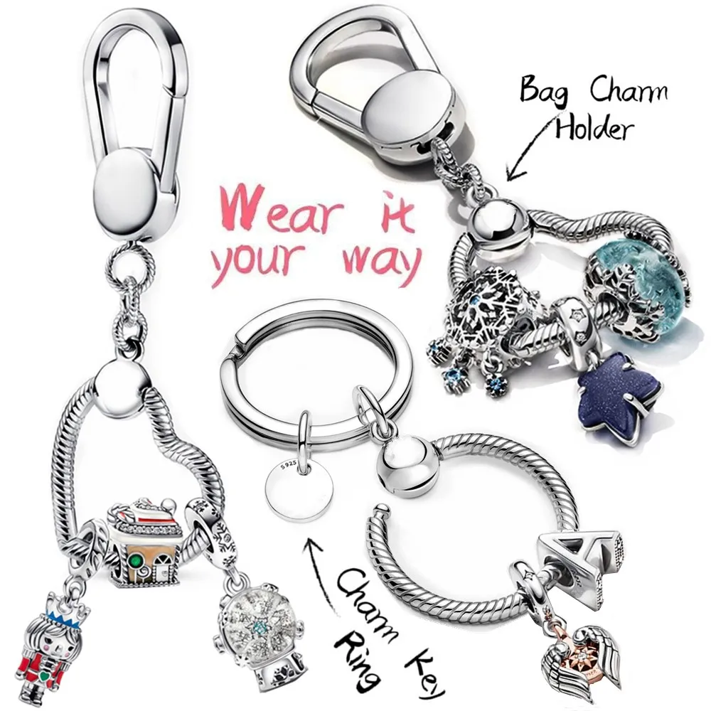 Charms 925 Sterling Silver Moment Key Ring Small Bag Heart Charm Holder Fit S925 Snake Charm For Women Jewelry Keychain