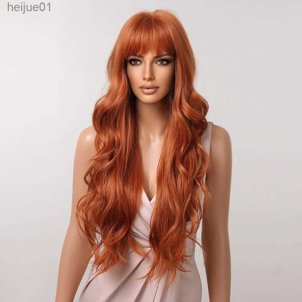 Synthetic Wigs Ginger Curly Synthetic Wigs for Women Long Natural Wavy Orange Wigs with Flat Bangs Colorful Party Heat Resistant WigL231024
