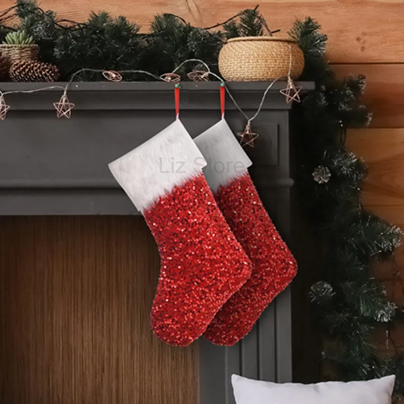 Sequin Stockings Xmas Children Candy Stocking Bag Christmas Tree Hanging Sequins Sock Home Party Decorations Soc
