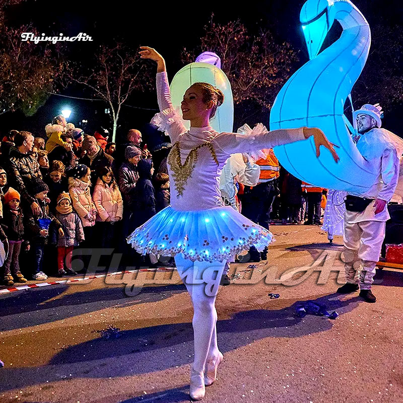 Amazing Parade Performance Lighting Inflatable Swan Costume Dancing Clothing 2m White Walking Blow Up Animal Mascot Suit For Event