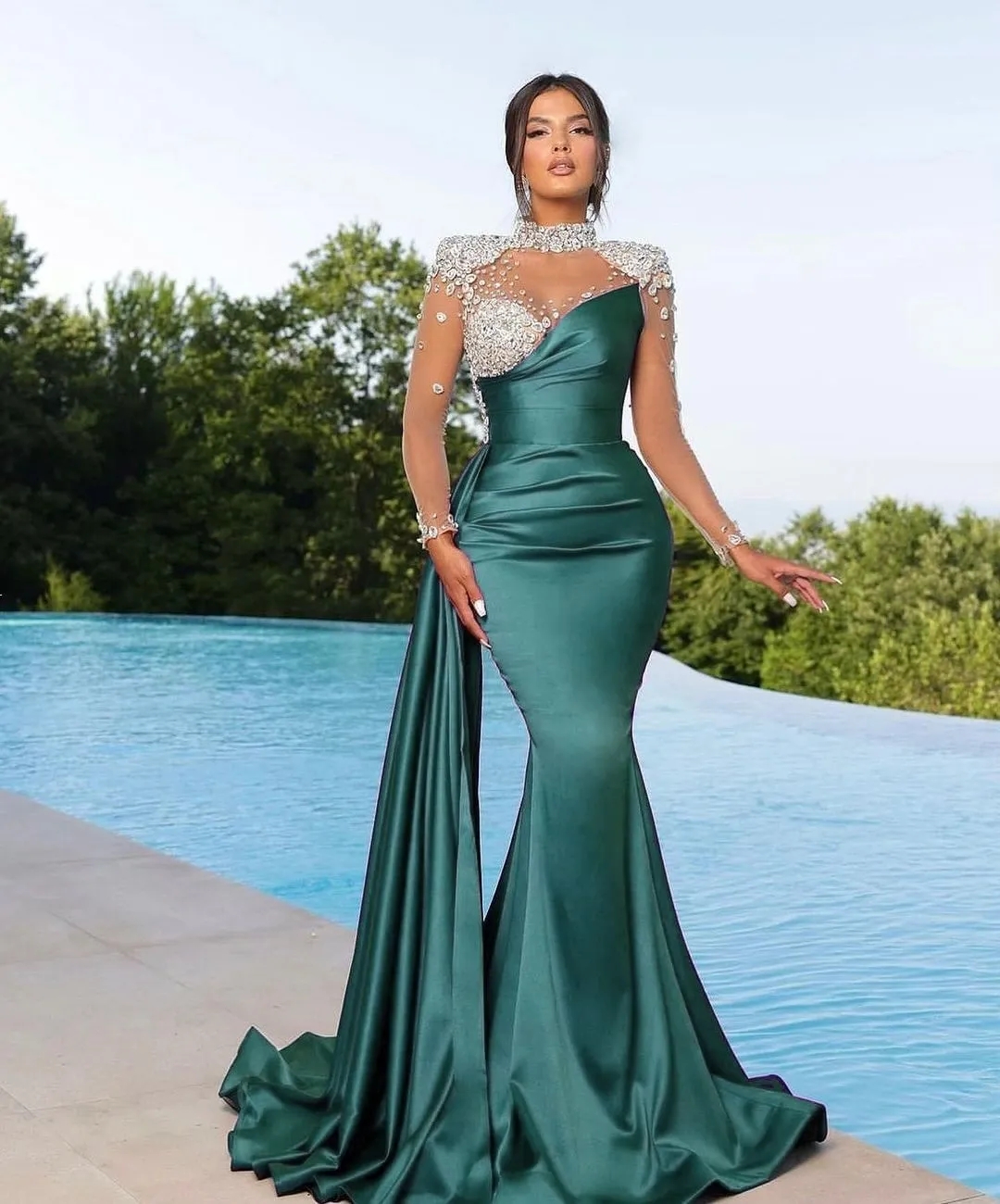 Purple Prom Formal Dress Women 2024 High Neck Crystal Beads Long Illusion Sleeves Draped Train Elegant Evening Party Gowns Vestidos De Gala