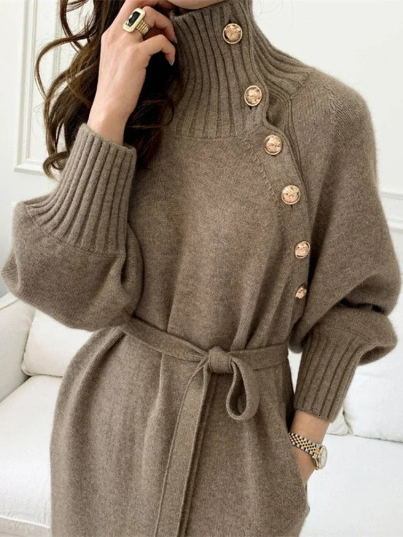 Basic Casual Dresses Vintage Turtleneck Buttons Woman Long Sleeve Sweater Winter Loose Knitwear Warm Women Knitted Dress 231024 - view 6