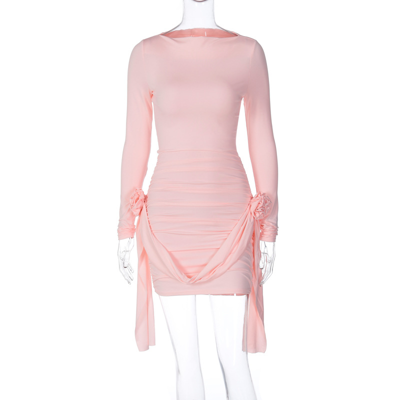 Casual Dresses Long Sleeved O-neck Solid Ribbon Flower Women Mini Dress Sexy Slim Summer Fashion Elegant Holiday Wear 2023