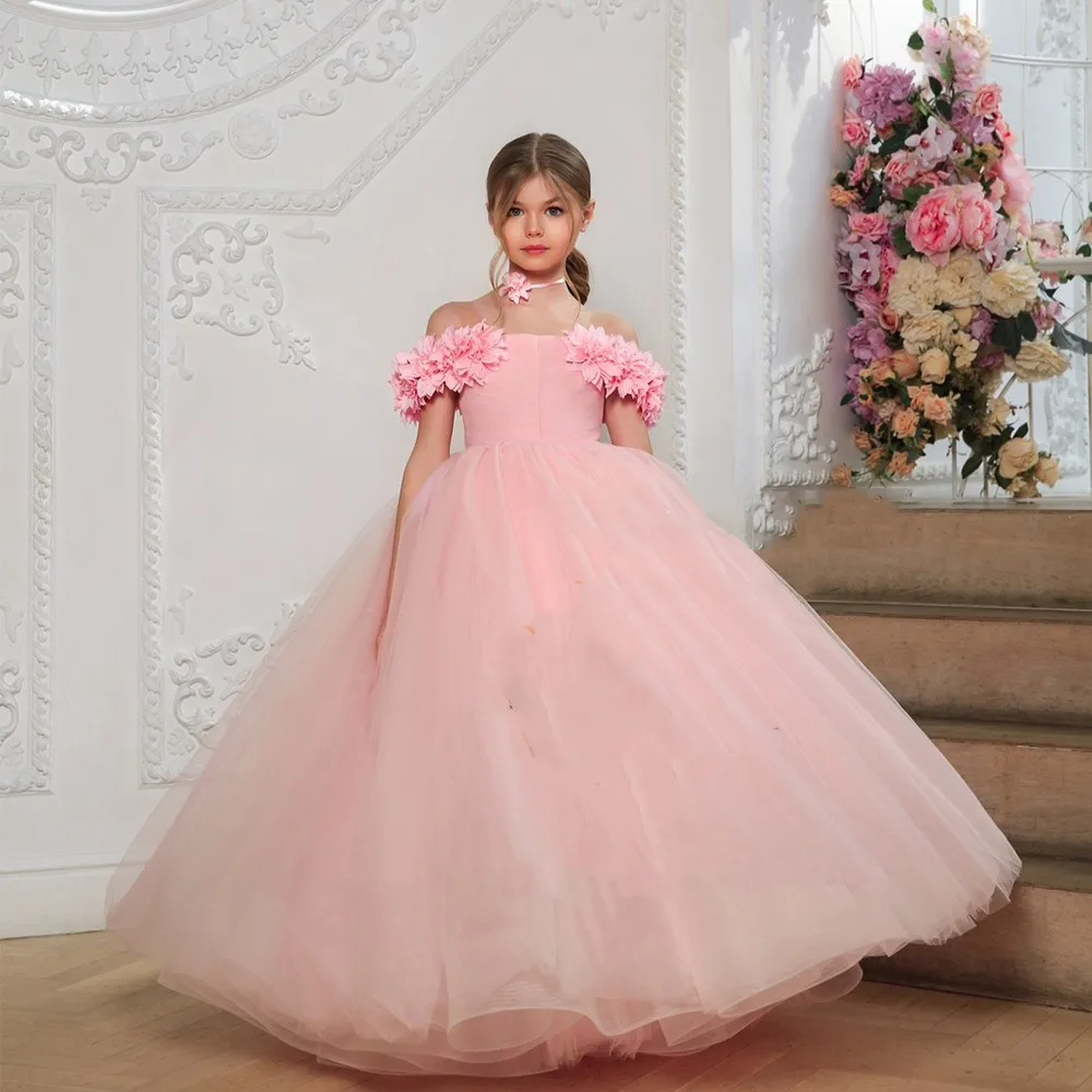 wer Girl Elegant Dresses Pink Off The Shoulder Boat Neck Soft Tulle For Birthday Wedding Party Gowns With wers s