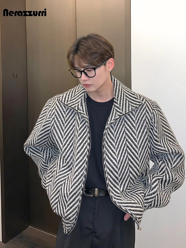 Men's Trench Coats Mauroicardi Autumn Winter Warm Colorful Black and White Plaid Woolen Jacket Coat Men Zip Up Clothes Loose Casual Korean Fashio