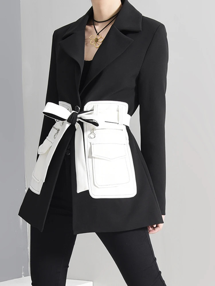 Women's Suits Blazers EAM Women Black Contrast Color Pocket Blazer Lapel Long Sleeve Loose Fit Jacket Fashion Spring Autumn 1S39401 231023