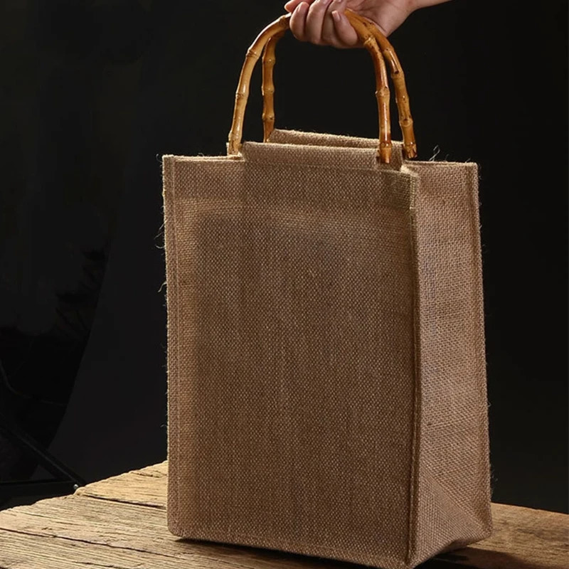 Evening Bags Unisex Portable Burlap Jute Shopping Bag with Bamboo Loop Handles Wome Men Durable Reusable Casual Tote Grocery Handbag 8 Size 231024