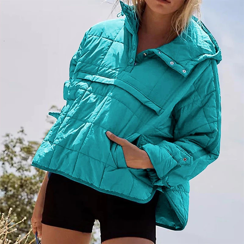 Womens Down Parkas Autumn Winter Solid Color Padded Jacket For Women Fashion Pockets Long Sleeves Hooded Pullovers Japanese And Korean Casual Coats 23
