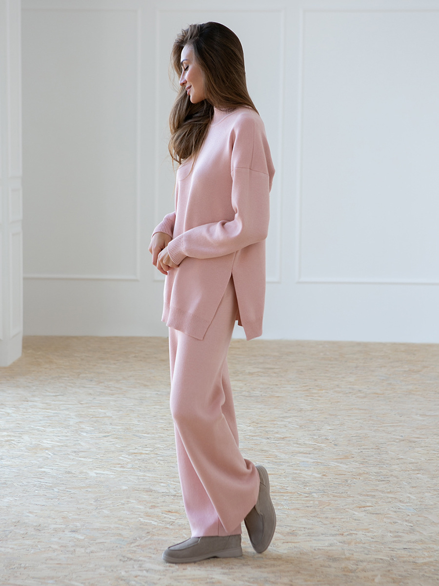 Solid Color Knitted High Neck Slit Sweater Casual Lazy 2-Piece Tracksuit Set