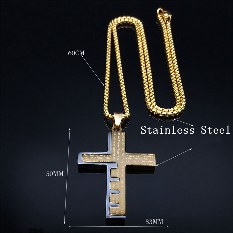 Retro Scriptural Prayer Cross Pendant Necklace 316L Stainless Steel 18K Gold Plated Men's Religion Jewelry