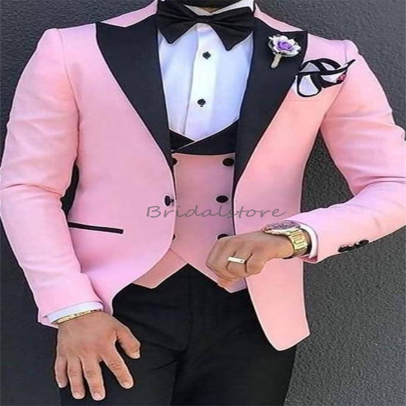 Pink With Black Wedding Tuxedos Slim Three Pieces Vest Pant Coat Notched Lapel Men Blazers Waistcoat Fitted Groom Men Costume Homme Fit Man Prom Party