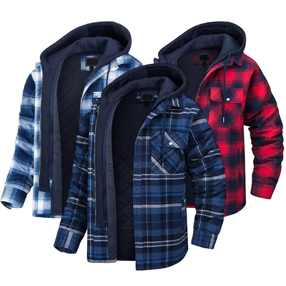 Mens Down Parkas Winter Hooded Jacket Drawcord Fashion Thickened Cotton Windproof Plaid Shirt Casual Travel Jack 231024