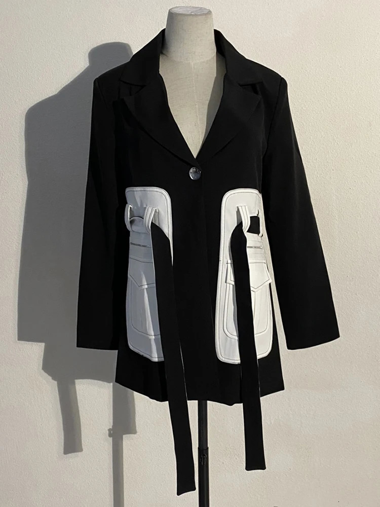 Women's Suits Blazers EAM Women Black Contrast Color Pocket Blazer Lapel Long Sleeve Loose Fit Jacket Fashion Spring Autumn 1S39401 231023