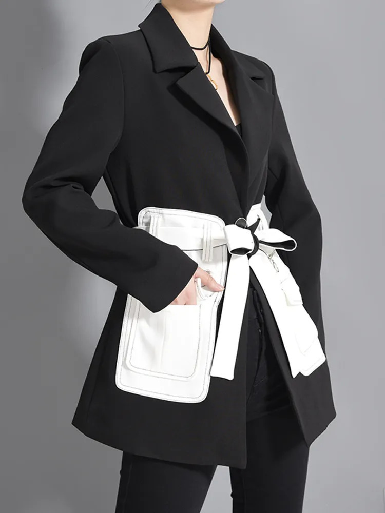 Women's Suits Blazers EAM Women Black Contrast Color Pocket Blazer Lapel Long Sleeve Loose Fit Jacket Fashion Spring Autumn 1S39401 231023