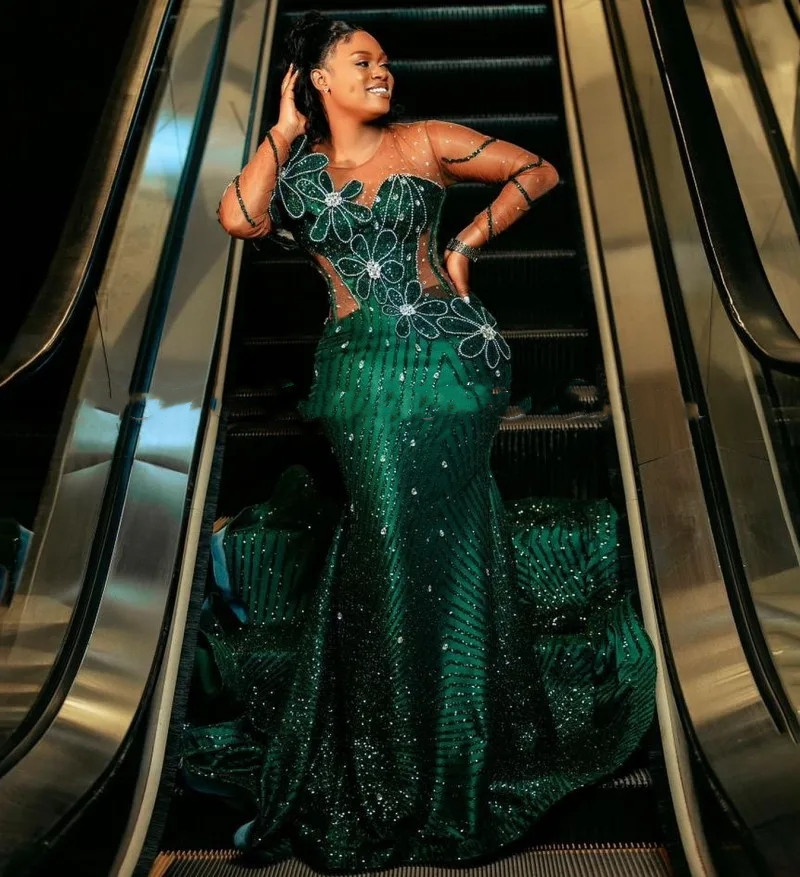 Green Mermaid Dresses Long Sleeves Beading African Women Sequin Prom Gowns Aso Ebi Bridal Guest Party Wear 6660306