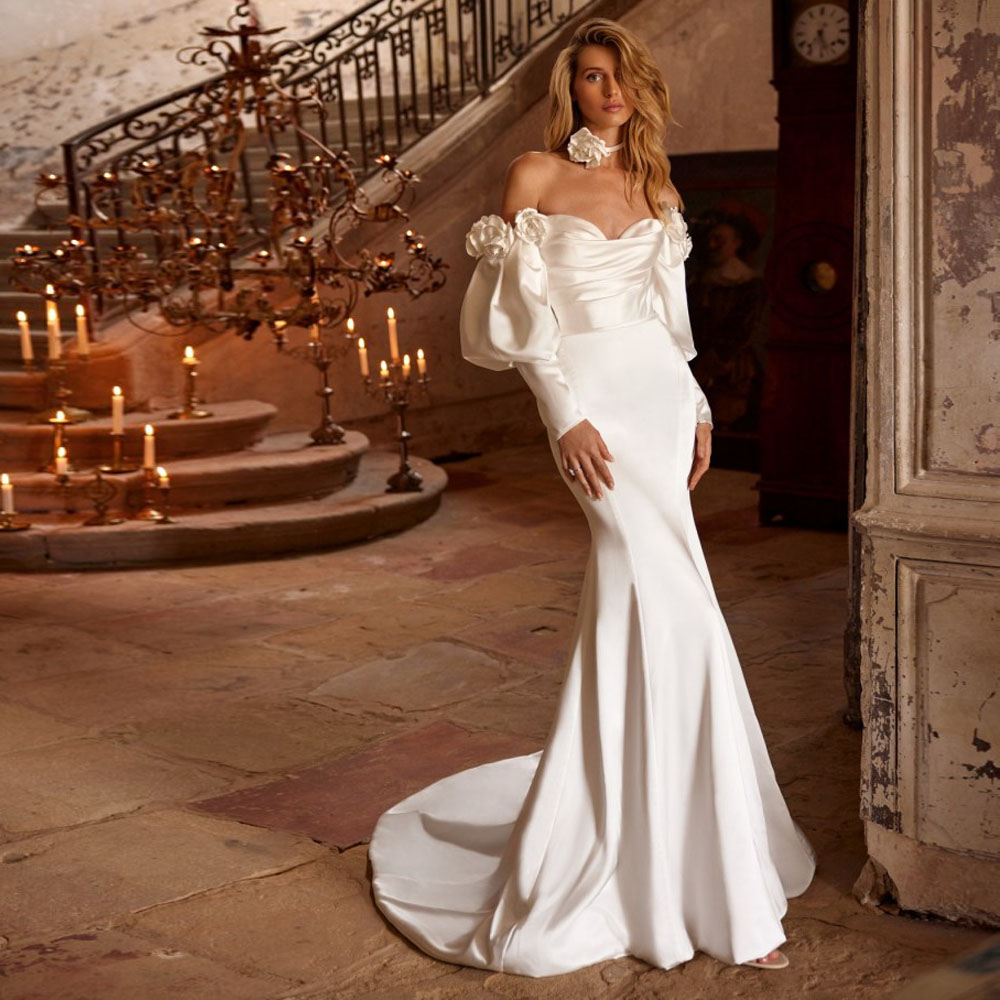 Bubble Sleeves 3D Flowers Mermaid Wedding Dresses Off the Shoulder Bridal Gown Pleat V Neck Satin robe de mariee